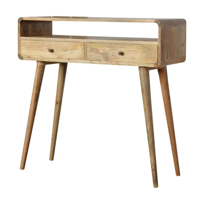 Artisan Furniture Solid Wood Curved Oak-ish Console Table,2 Drawers, 1 Shelf