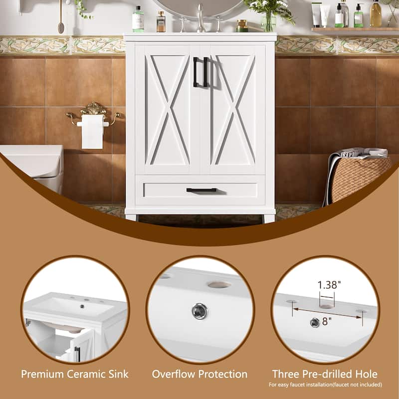 24" Bathroom Vanity with Ceramic Sink, Solid Wood Frame, Soft-Close Doors, Drawer and Shelves, Freestanding Storage Cabinet