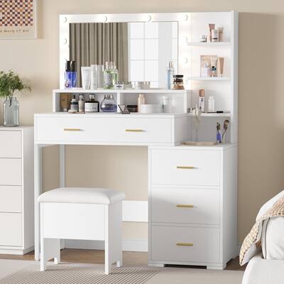 Makeup Vanity Desk with Mirror 9 LED Light Bulbs - White