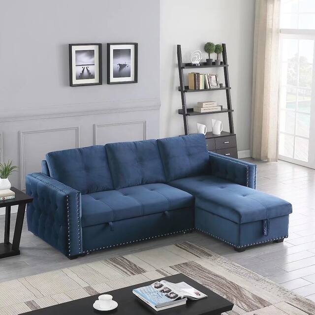 Morden Fort Velvet Reversible Sleeper Sectional Sofa L-Shape with big Storage - Blue