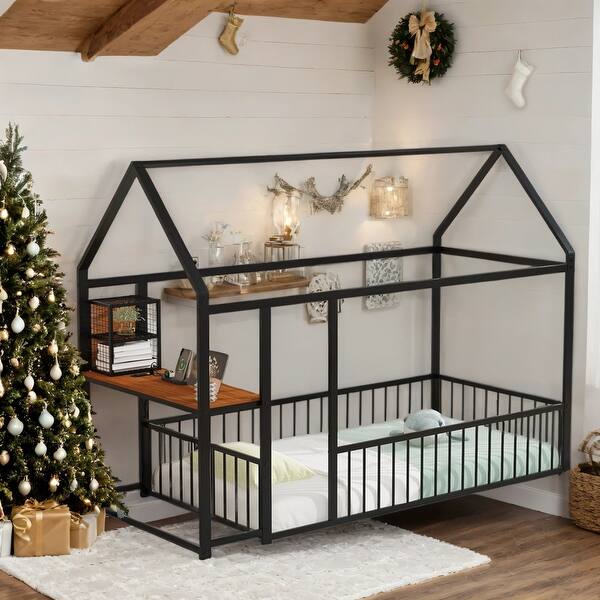 slide 2 of 28, Metal Twin Size Bed House Bed with Desk,Smart Storage and USB Ports Black
