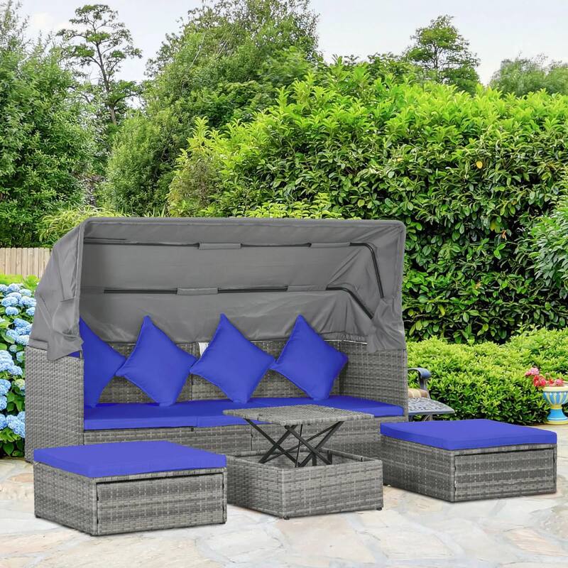 4PCS Adjustable Canopy Outdoor Rattan Sofa Set,Adjustable Coffee Table