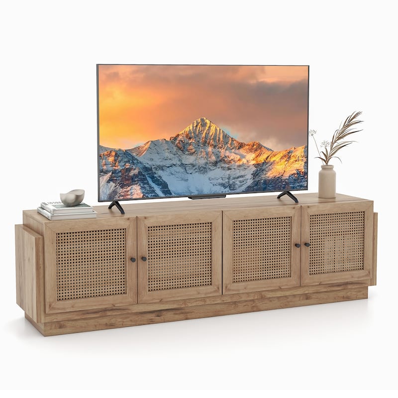 Gymax 4-Door PE Rattan Media Console Table Farmhouse TV Stand for TVs - Brown