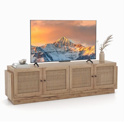 Gymax 4-Door PE Rattan Media Console Table Farmhouse TV Stand for TVs