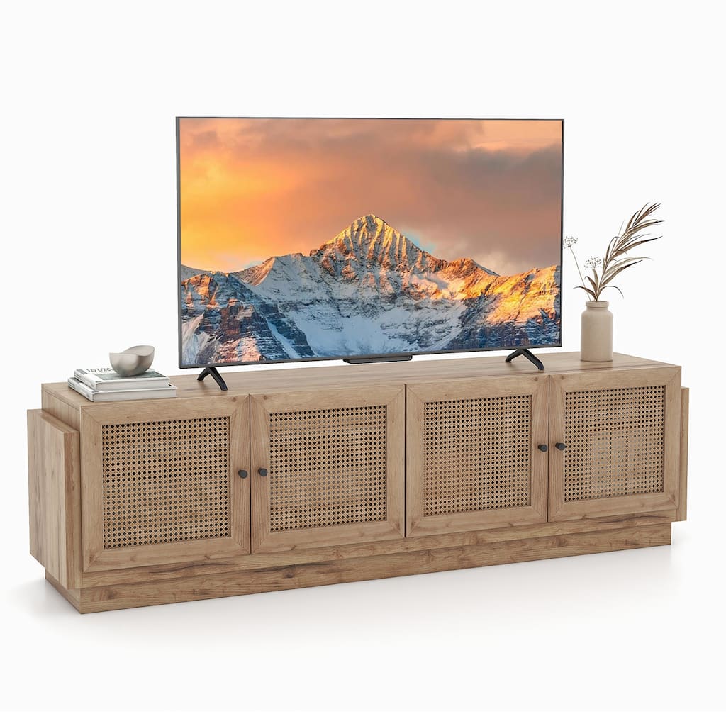 Gymax 4-Door PE Rattan Media Console Table Farmhouse TV Stand for TVs