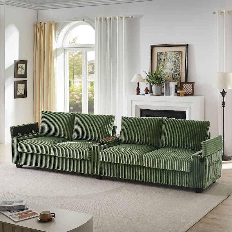 133" 4-Seater Corduroy Sofa - Modern Storage Couch with USB Ports, Flip-Top Cup Holders - Green