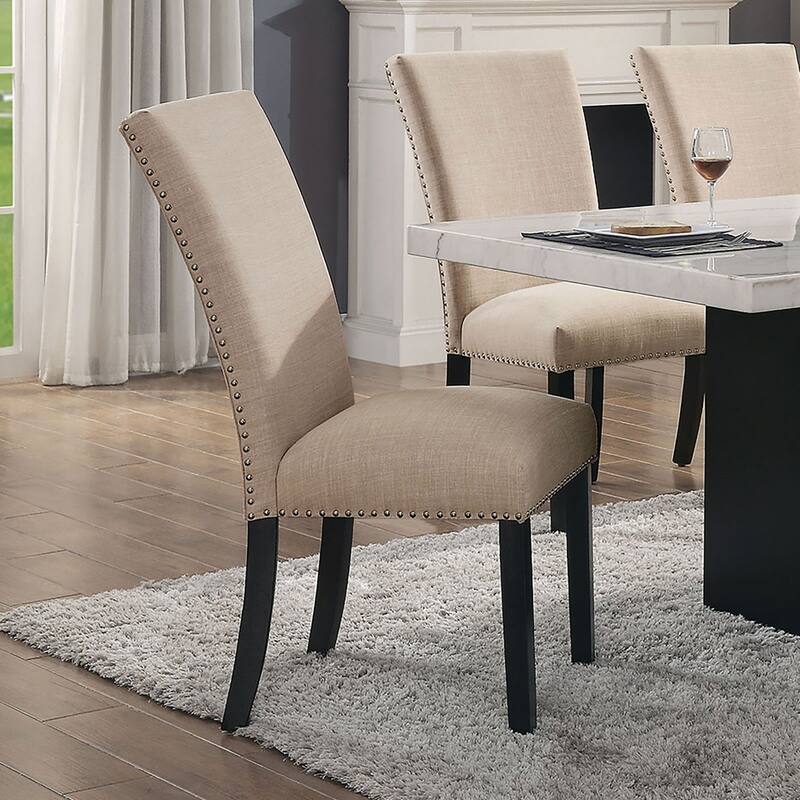 Beige Linen Like Fabric Contemporary 2pc Dining Side Chairs Nalihead Trim Black Solid wood Legs Dining Room Chairs