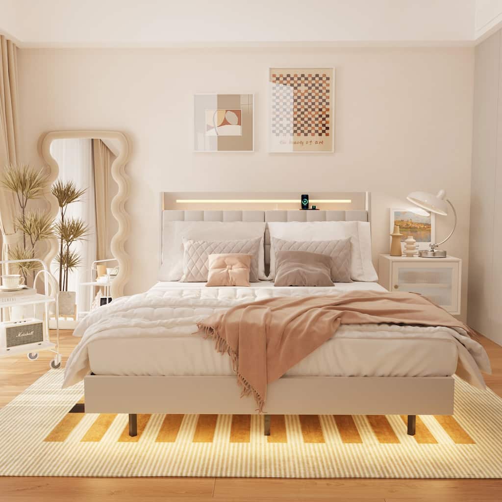Floating Bed Frame with LED Light and Charging Station