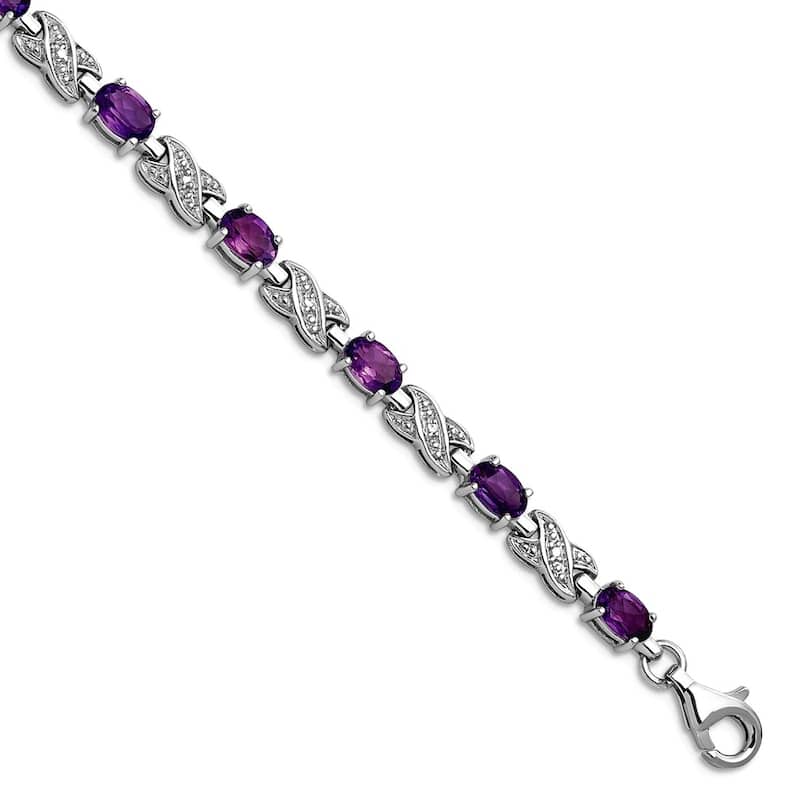 Curata 925 Sterling Silver 7" 5mm Genuine Gemstone and Diamond X Bracelet - Amethyst - 7 Inch - Amethyst - White