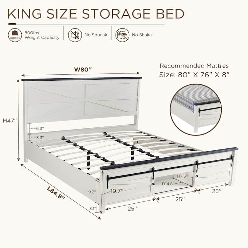 Farmhouse King Size Wood Bed Frame with Sliding Barn Door Storage