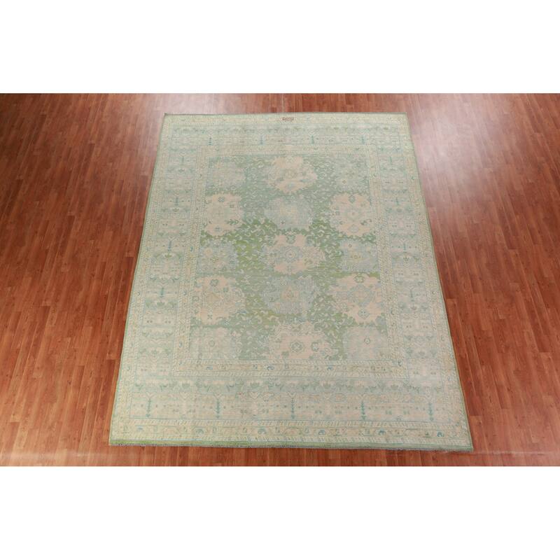 Hand Knotted Oriental 100% Wool Carpet Transitional All-Over Green Oushak Area Rug - 11' 10'' X 9' 0''