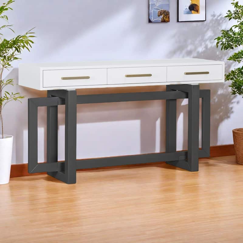 57" MDF Console Table with Three Drawers for Entryway, Hallway, Living Room - Grey+White
