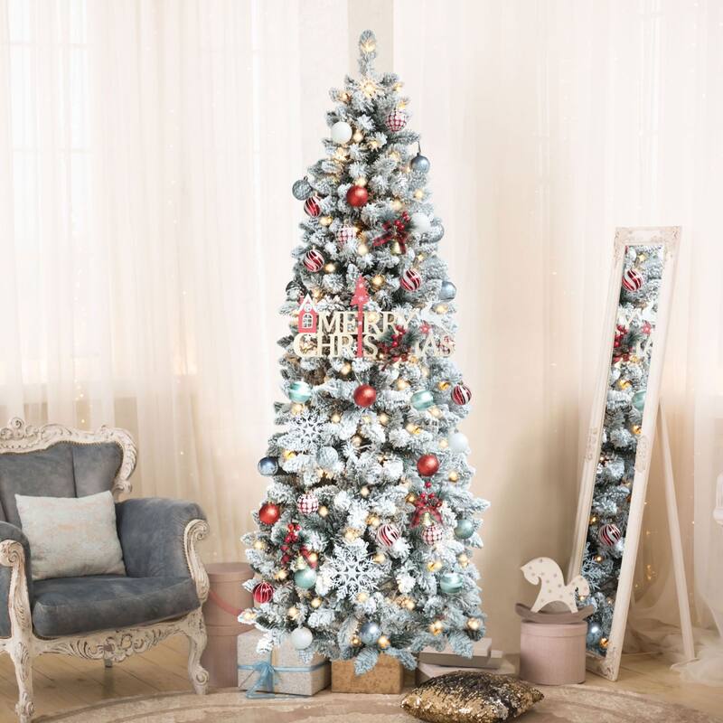 VEIKOUS Pre-Lit Artificial Christmas Tree Pencil Snow with Foldable Iron Stand with LED lights, 5.5/6.5/7.5 ft - 6.5 Foot - White