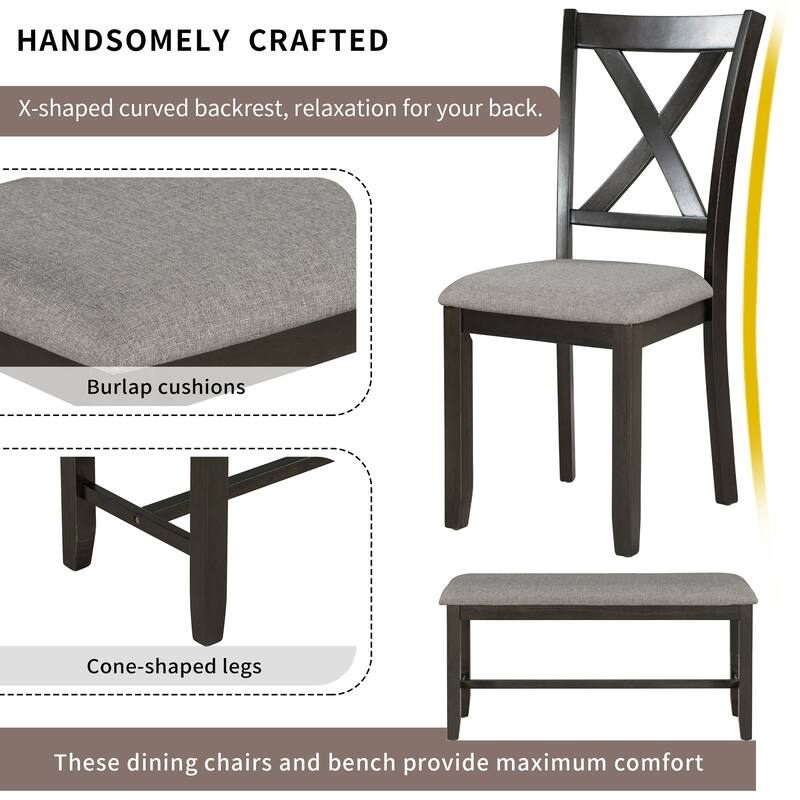 Traditional 6-Piece Wooden Dining Table Set with 4 Upholstered Chairs and Bench