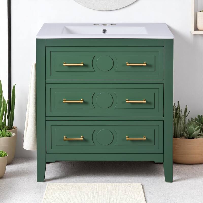 30" Bathroom Vanity with Ceramic Sink, 3 Drawers, Solid Wood Frame,Retro Cabinet, Pre-Drilled for 4" Faucet, Storage Organizer