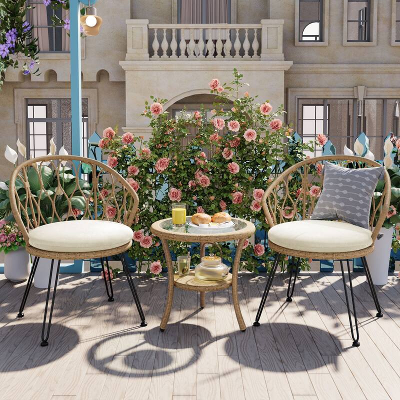 Outdoor Leisure Set, 2 Rattan Single Chairs with 1 Glass Round Table - Natural+Beige