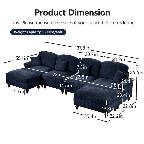 Classic U Shape 4 Seater Modular Sectional Sofa Couch with Flared Arms ...
