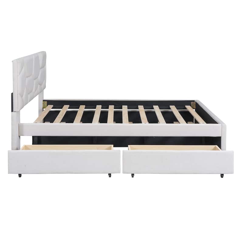 Beige Linen Fabric Full Upholstered Platform Bed with Brick Pattern Headboard, Trundle, and Storage Drawers