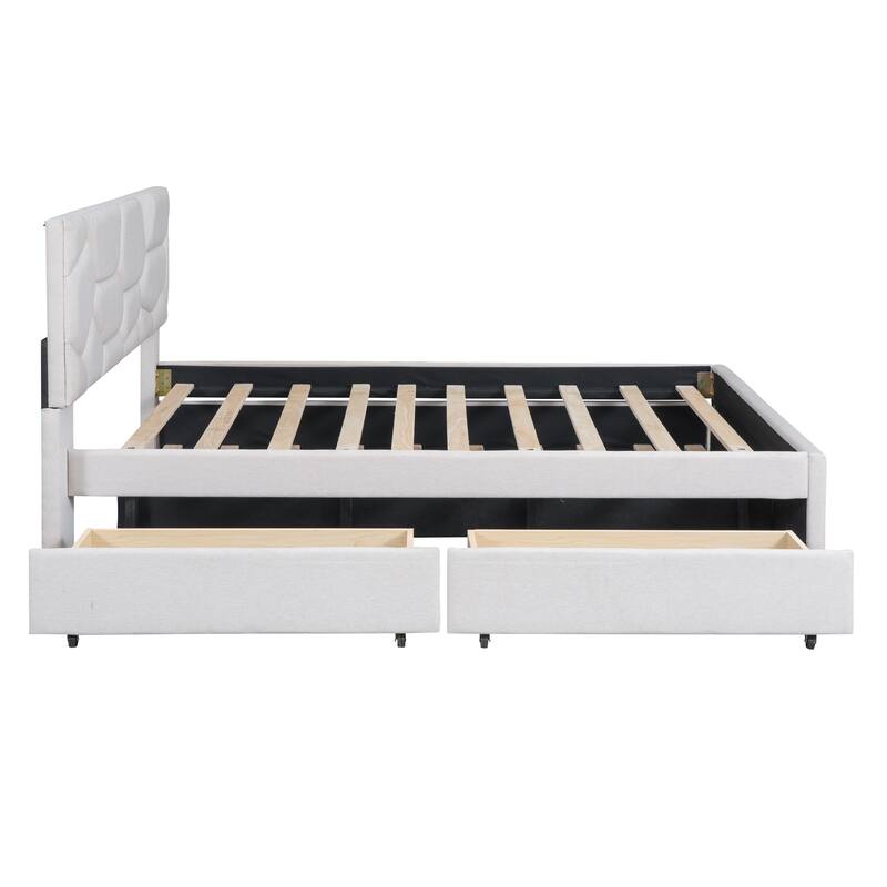 Linen Fabric Platform Bed with Trundle and 2 Drawers