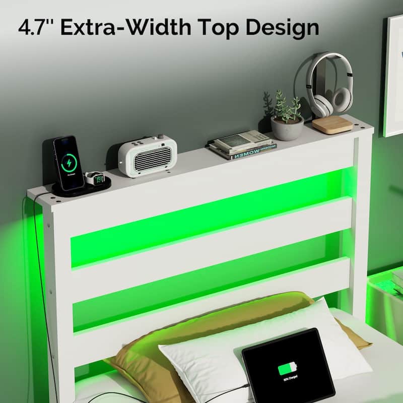Twin Wood Bed Frame with Charging Station, Lighted Platform Bed, White