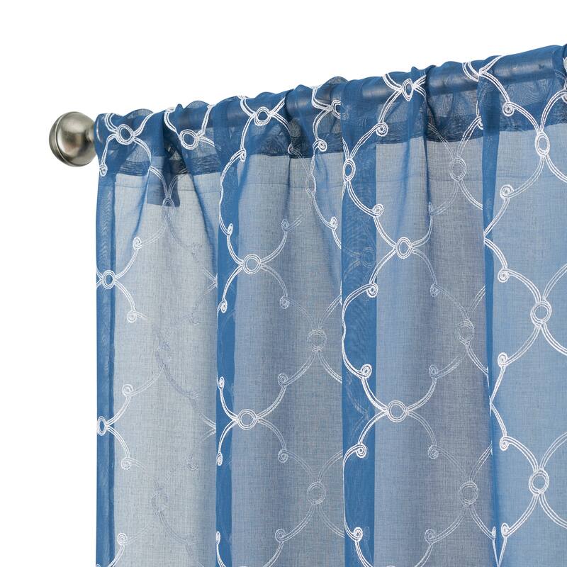 Creative Home Ideas Selena Embroidered Sheer Rod Pocket Window Curtain Panel Pair with Tiebacks