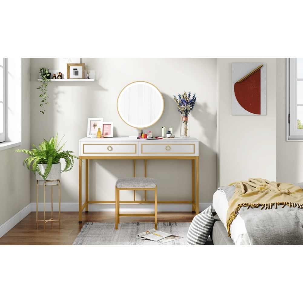  Tribesigns Small Computer Desk, 40 Inch White and Gold Writing  Desk with 2 Drawers, Modern Simple Study Desk Table for Bedroom, Makeup  Vanity Console Table for Small Spaces, White and Gold 