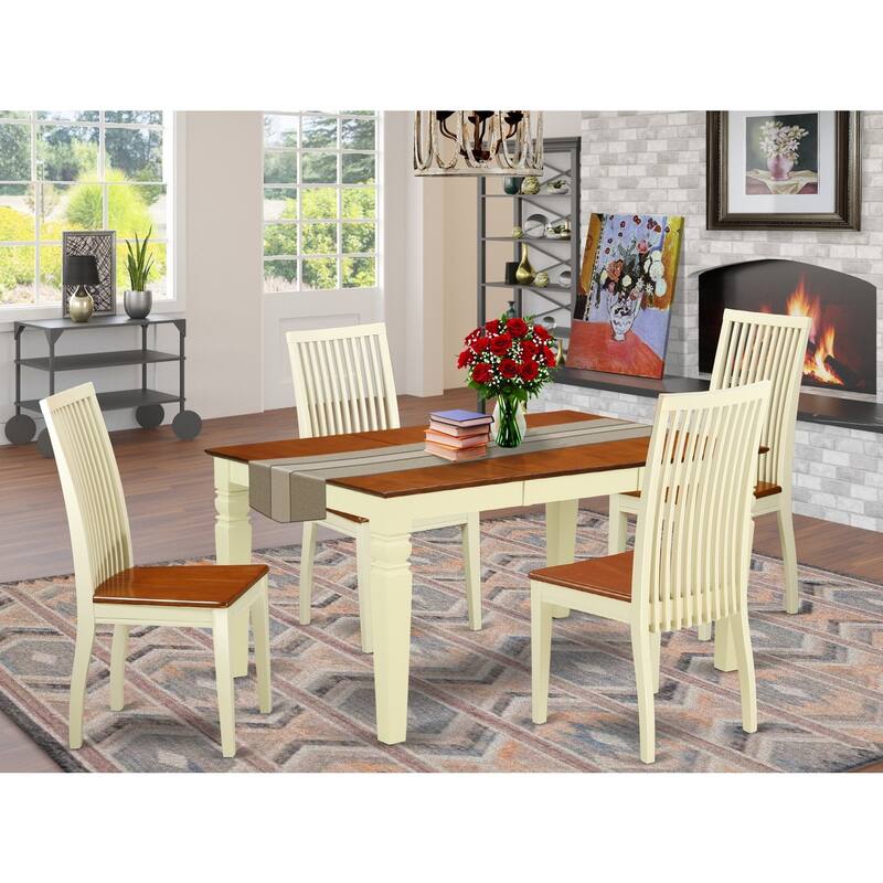 HomeStock 5-Piece Buttermilk and Cherry Finish Solid Wood Top Dining Table with 4 Chairs with Lattice Back