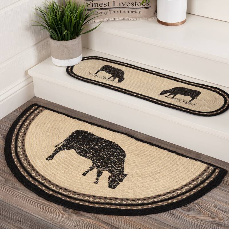 Sawyer Mill Charcoal Cow Jute Rug Half Circle w/ Pad 16.5x33 - 16.5x33 - White