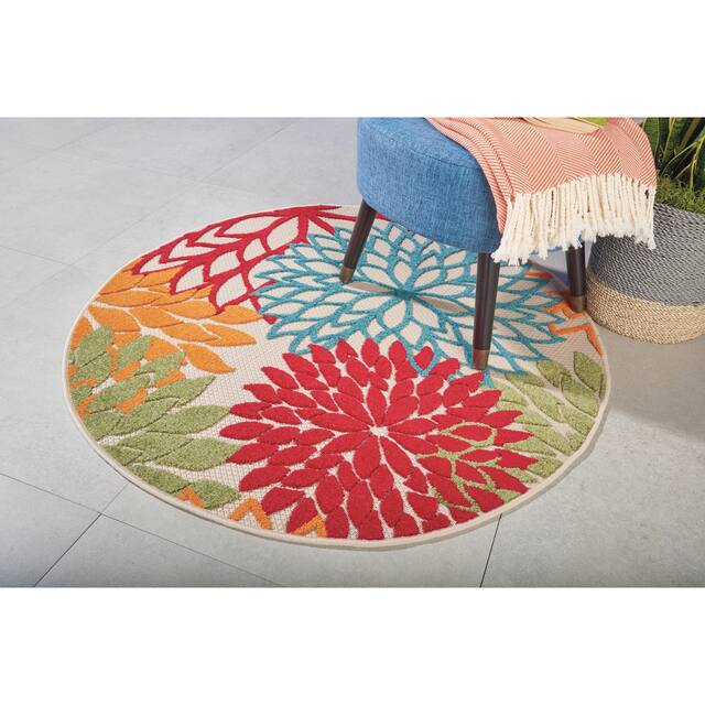 Nourison Aloha Floral Modern Indoor/Outdoor Area Rug - 4' Round - Red/Orange