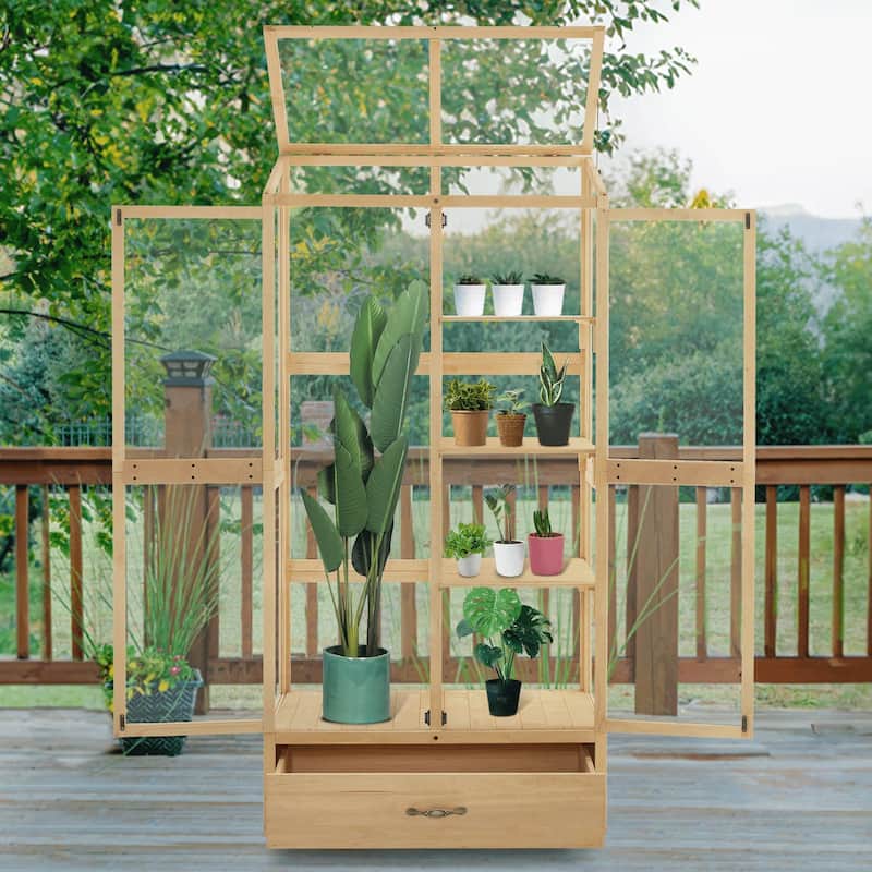 MCombo Cold Frame Greenhouse with Drawer and Shelves, Wood 0864