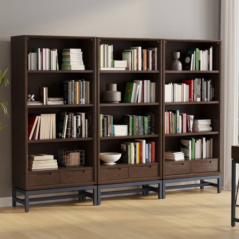 Simpli Home Banting 30 inch Solid Wood Bookcase 3-piece Set in Walnut Brown - 30"W x 14"D x 66"H - Walnut Brown