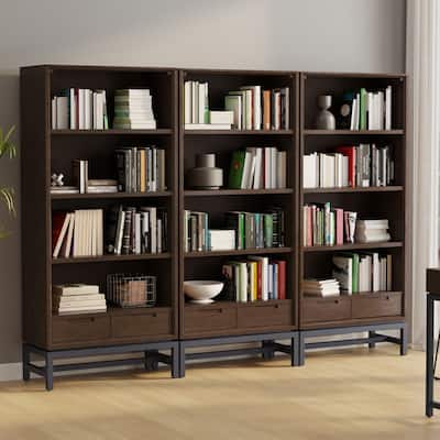 Simpli Home Banting 30 inch Solid Wood Bookcase 3-piece Set in Walnut Brown - 30"W x 14"D x 66"H