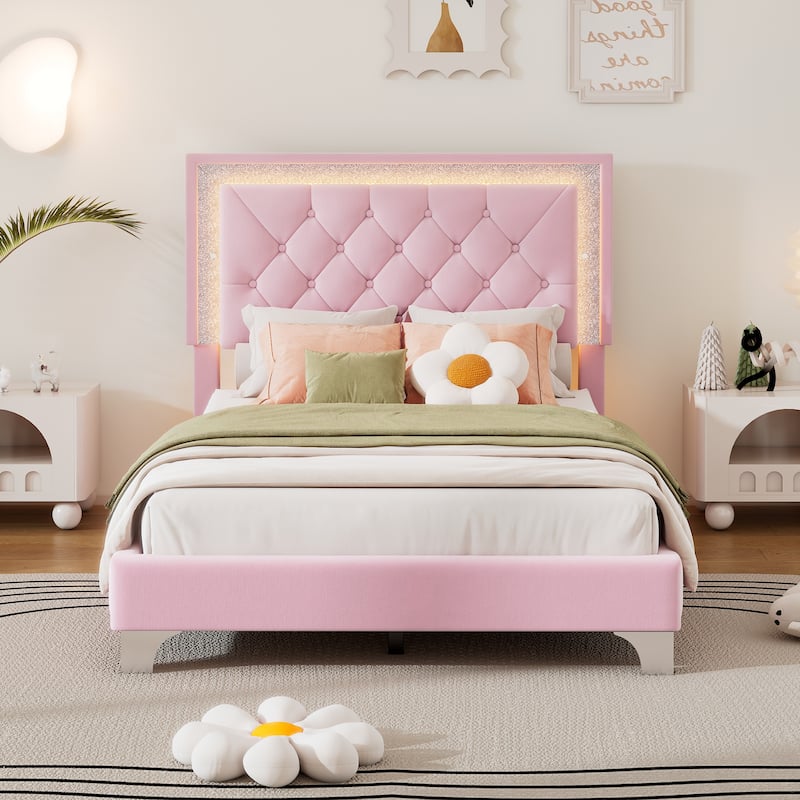 Velvet Upholstered Platform Bed, LED Tufted Headboard Bed Frame, Control Buttons on Both Sides, Wood Slat Panel Bed