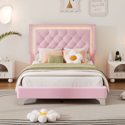 Twin Size Upholstered Bed Frame with LED Lights,Modern Velvet Platform Bed with Tufted Headboard,Pink