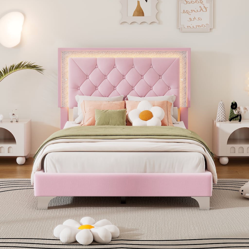 Twin Size Upholstered Bed Frame with LED Lights