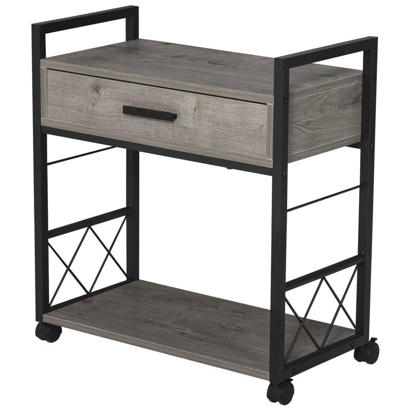 HOMCOM Industrial Style Side Table with 1 Drawer, Shelf, Wheels Wooden Bedside Table Night Stand, Home Furniture, Grey