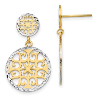 Curata 14k Yellow Gold 28x17mm Rhodium Filigree Double Circles Dangle Post Earrings