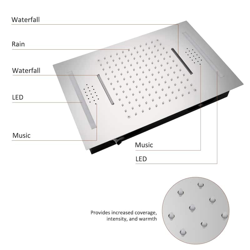 Luxury 4-Spray Patterns 23 in. Ceiling Mount Shower System with Handheld Shower Head, 6 Body Jets, LED, and Music - 15" x 23"