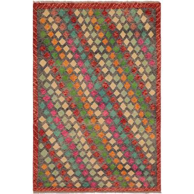 Boho Chic Balochi Stephenson Gray/Red Hand Knotted Wool Rug - 4'2'' x 6'1''
