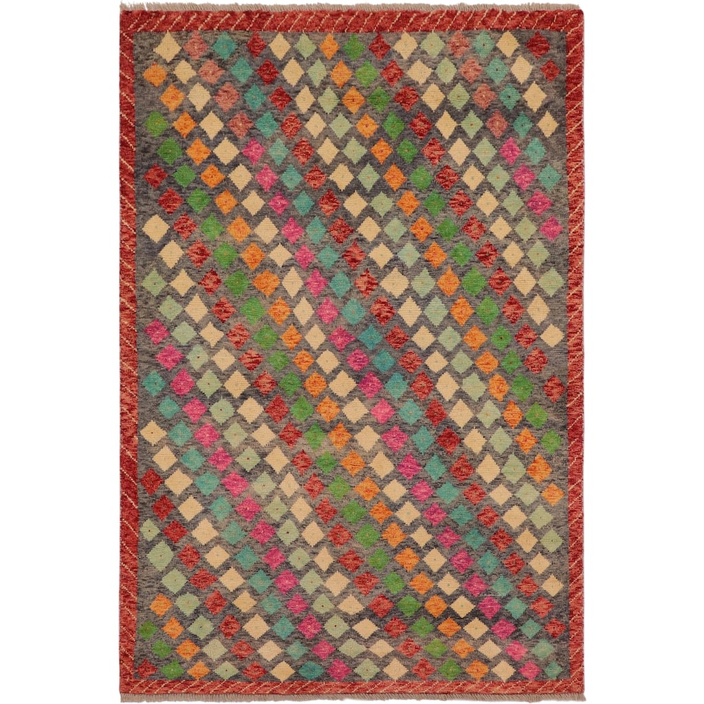 Boho Chic Balochi Stephenson Gray/Red Hand Knotted Wool Rug - 4'2'' x 6'1''