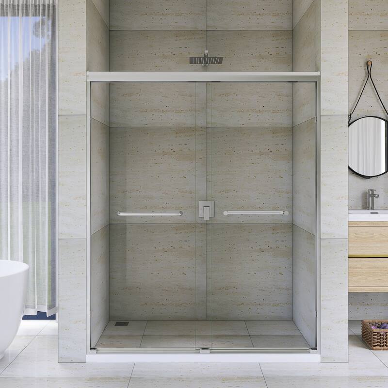 Double Sliding Framed Shower Door in Matte Black Finish - 60'' x 0.25'' x 72'' - Brushed Nickel