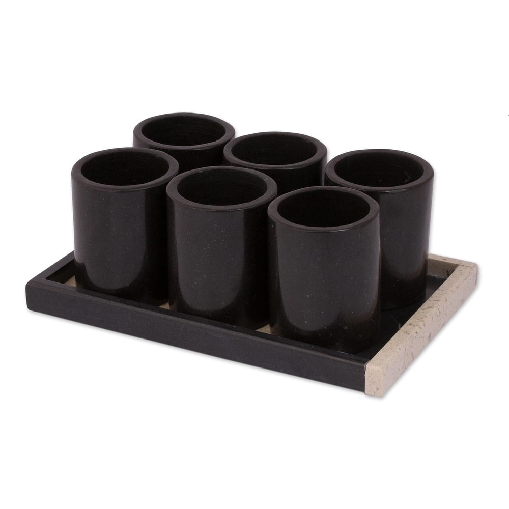 NOVICA Artisan Handblown Black Marble Tequila Mexican Drinking Glasses 'Fascinating Modernity'(Set of 6)