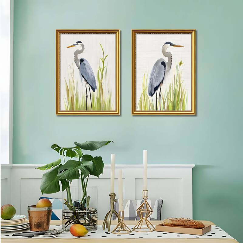 Set of 2 Heron Bird Framed Wall Art - Replaceable Canvas Prints with Solid Wood Picture Frames, Modern Nature Wall Decor