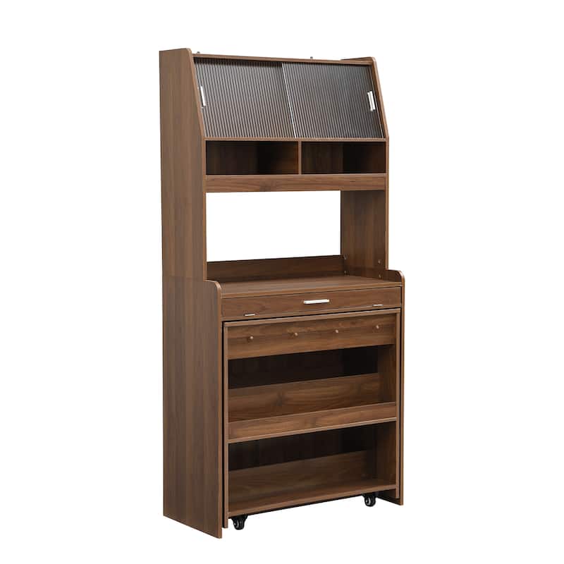 Multifunctional Cupboard Buffet with Storage Shelf,Side Hooks,Hutch and Foldable Dining Table