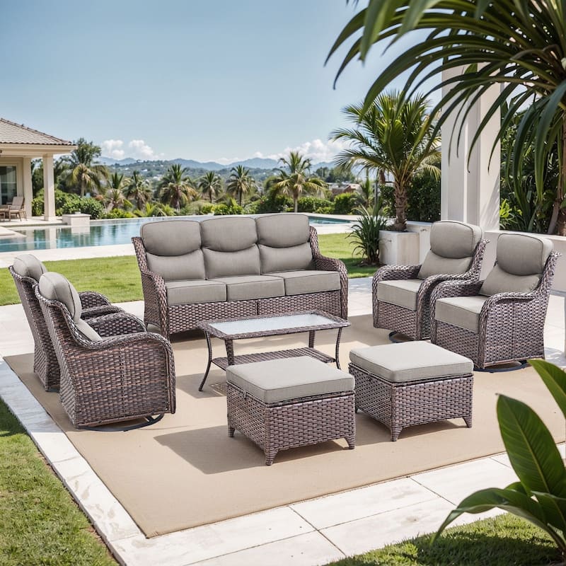 Outdoor Sofa with 6-Inch Thick Cushions Furniture for Porch - Brwon Wicker Grey Cushion - 8PCS Sofa Swivel Chair w/ Table Ottoman