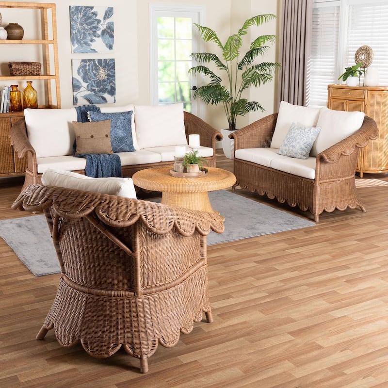 Detta Natural Rattan 3-Piece Living Room Set - Handwoven Wicker Lounge Seating with Scalloped Skirt Base and Rolled Arms