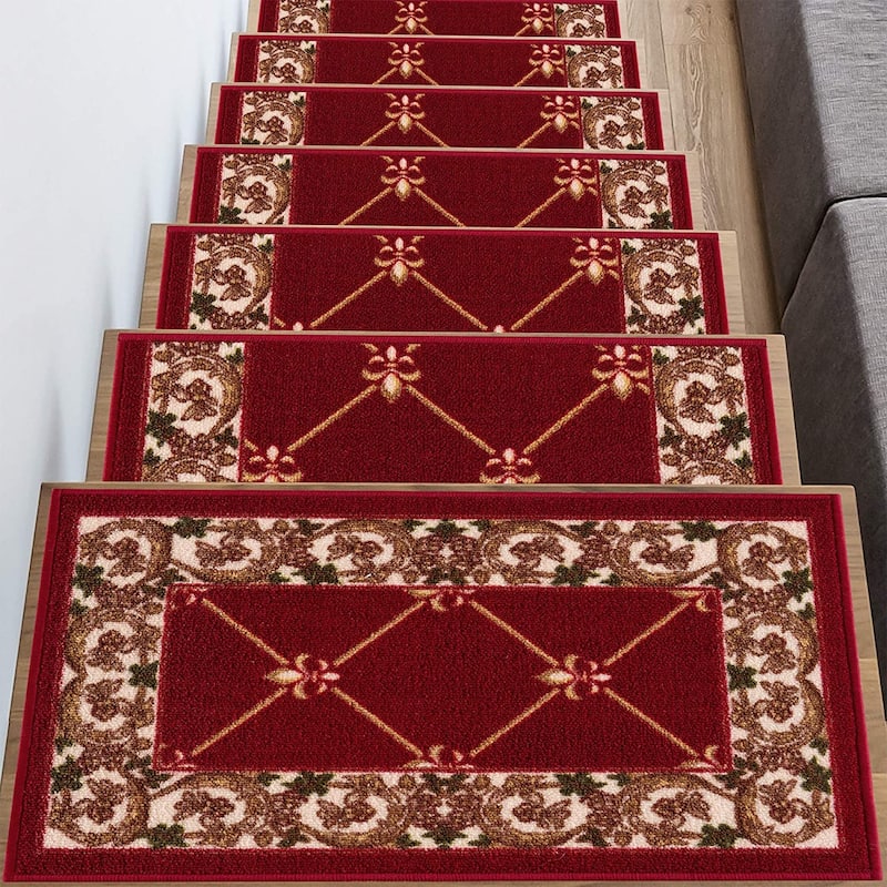 Stair Treads Fleur De Lis Floral Design Non Slip Backing, 8.5''X26''