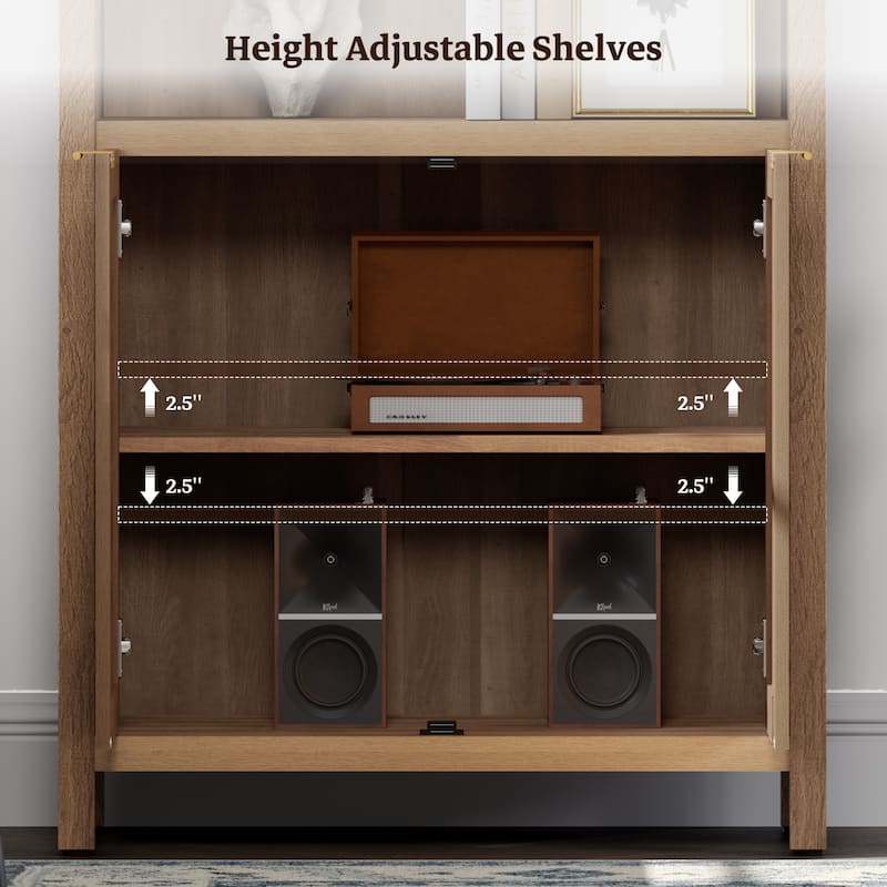 SICOTAS 5 Tier Adjustable Bookcase with Rattan Storage Cabinet