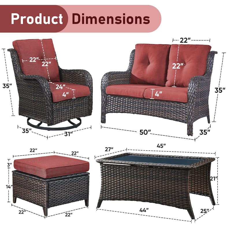 Pocassy Outdoor 6 Pieces 2-Seat Sofa Swivel Chairs Table Ottoman