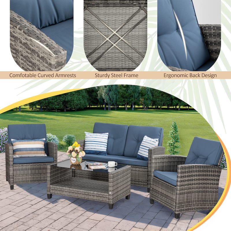 Outdoor 4-Piece Wicker Patio Conversation Sofa Set - N/A